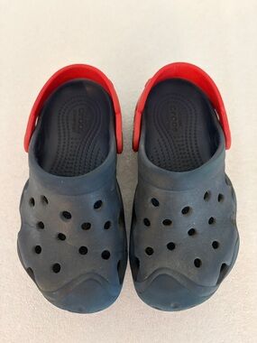 CROCS Kids Navy Clog with Red Heel Strap